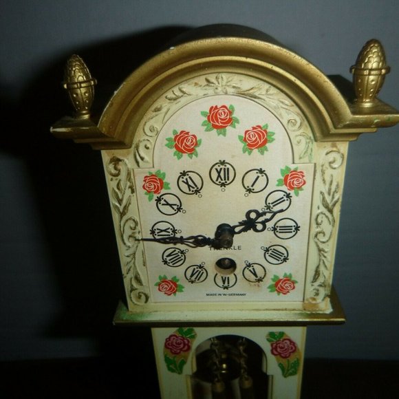 Mini Antique Grandfather Clock Gold w/ Flowers - Picture 2 of 6